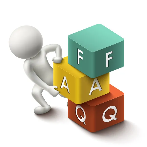 Illustrazione 3d della persona con i cubi di parola FAQ — Vettoriale Stock
