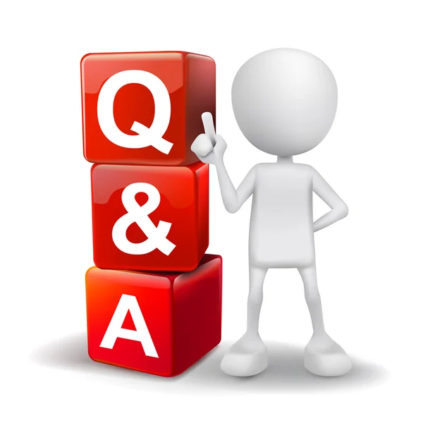 Illustrazione 3d di persona con la parola Q & A cubes — Vettoriale Stock
