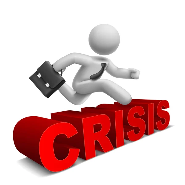 3d homme d'affaires sautant par-dessus le mot "crise" — Image vectorielle