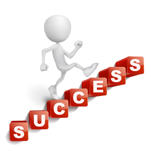 3d человек поднимается по лестнице из кубиков буквы успеха Wor
