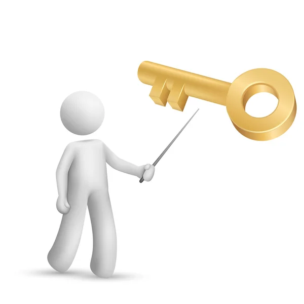 3d persona apuntando a una llave de oro — Vector de stock