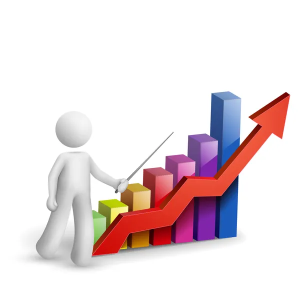 3d man is explaining the bar chart — Stock Vector