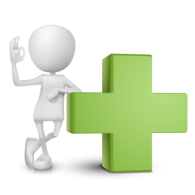 Yeşil haç iyi el işaretiyle gösterilen 3d adam