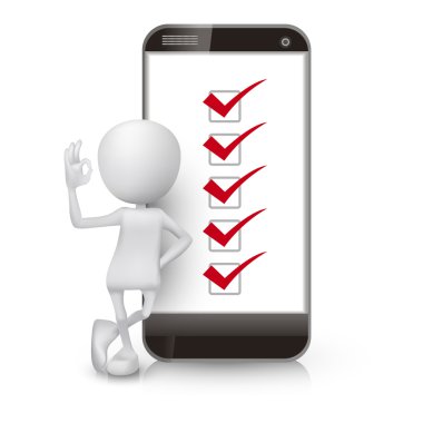 bir cep telefonu ile kontrol listesi Tamam el işaretiyle gösterilen 3d adam