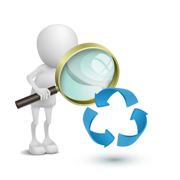 3d person watching the recycling symbol with a magnifying glass — Stock Vector