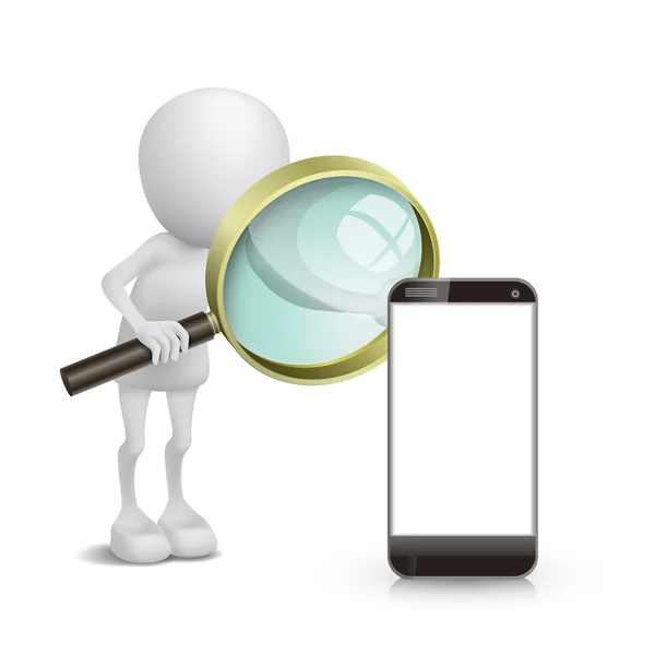 3d person watching a mobile phone with a magnifying glass — Stock Vector