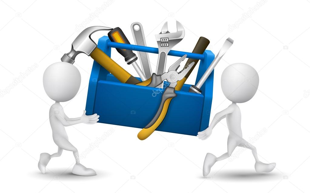 two people carried a toolbox with tools