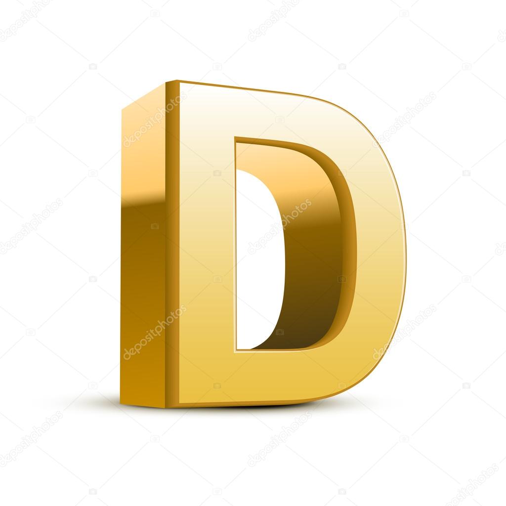 3d golden letter D isolated white background