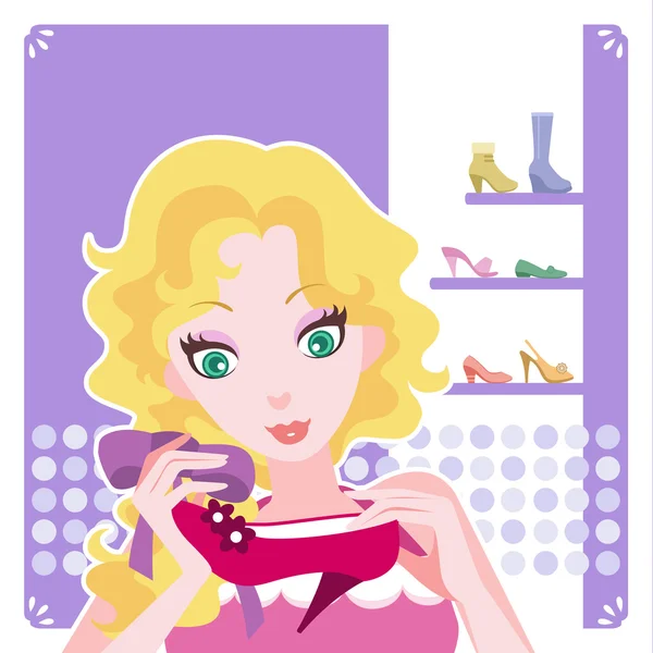 Young woman with red high-heeled shoes — Stock Vector