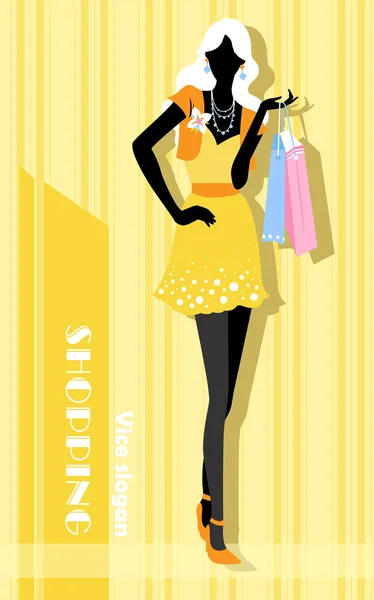 Achtergrond met mode meisje en shopping tassen — Stockvector