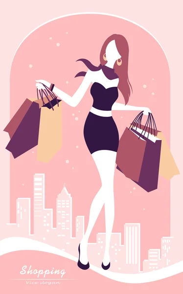 Fondo con chica de moda y bolsas de compras — Archivo Imágenes Vectoriales