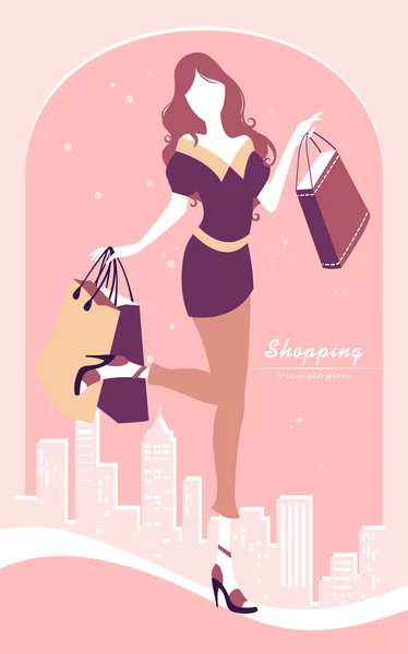 Fondo con chica de moda y bolsas de compras — Archivo Imágenes Vectoriales