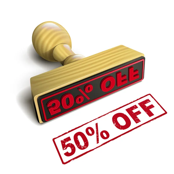 Stamp 50 percent off with red text on white — Stock Vector