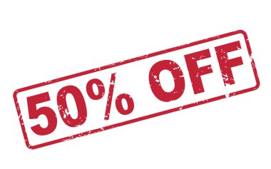 yüzde 50 kapalı kırmızı metin ile üzerine beyaz pul