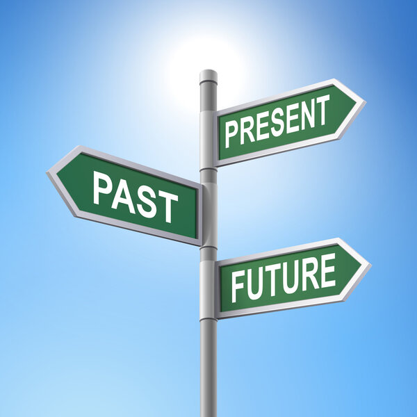 3d road sign saying present and past and future