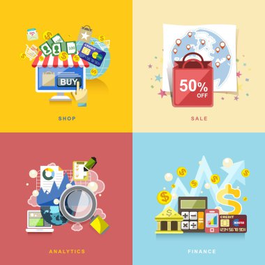 düz tasarım e-ticaret, online alışveriş, satış, finans, anal