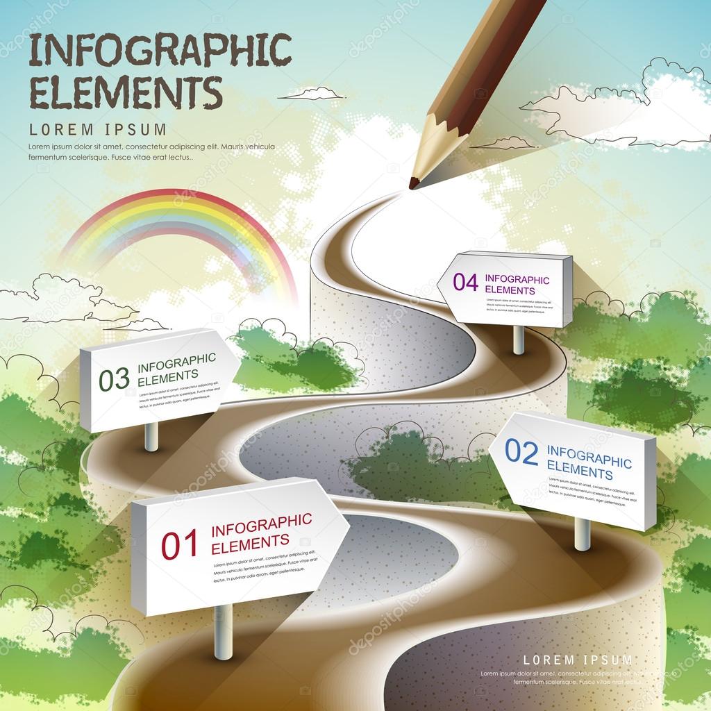 Creative template with colored pencil drawing a natural road — Stock