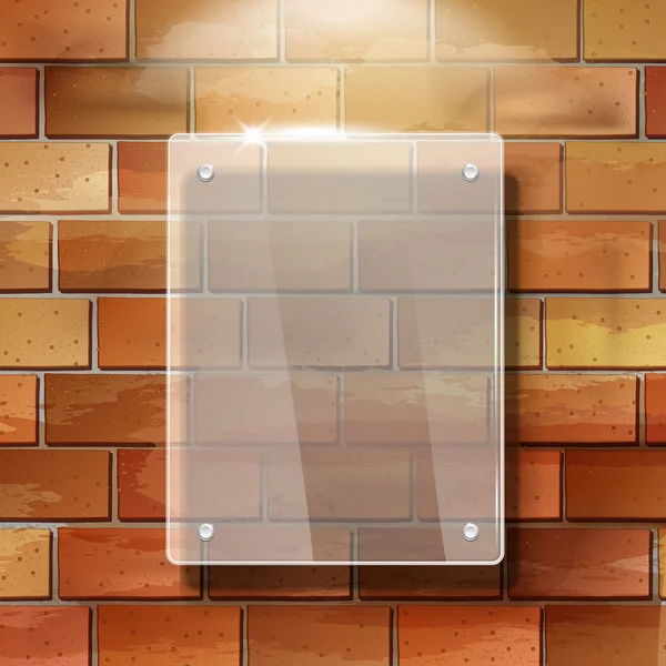 3d vector blank glass frame on red brick wall — Stock Vector