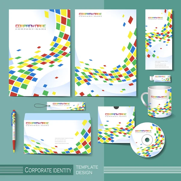 Corporate identity template with colorful square distorted eleme — Stock Vector