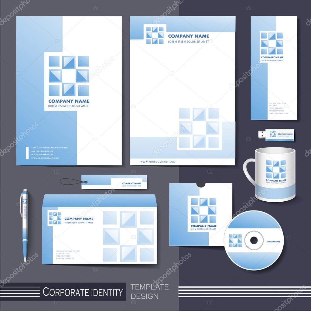 corporate identity template with blue square elements.