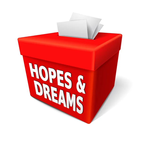 Speranze e sogni parole sulla scatola rossa — Vettoriale Stock
