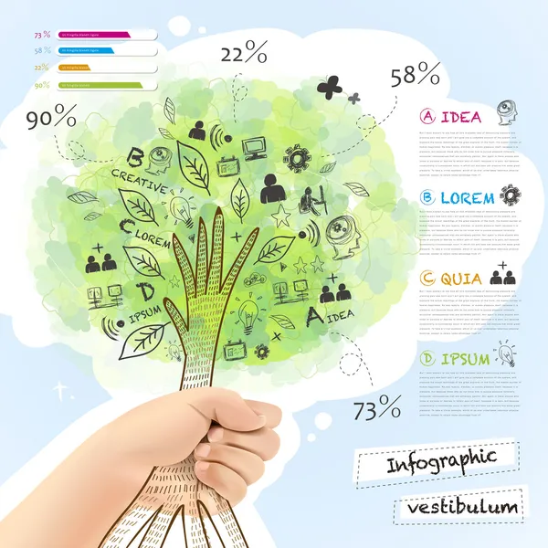Vector infographic with a tree grabbed by hand — Stock Vector