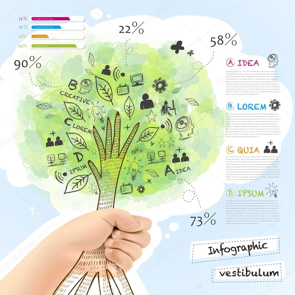vector infographic with a tree grabbed by hand 