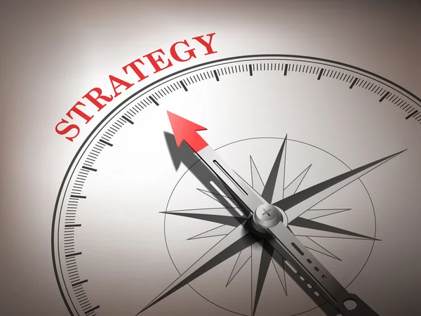 Abstrakter Kompass mit Nadel, die das Wort Strategie andeutet — Stockvektor