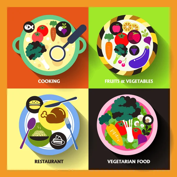 Иконки с плоским дизайном для еды и ресторана — стоковый вектор