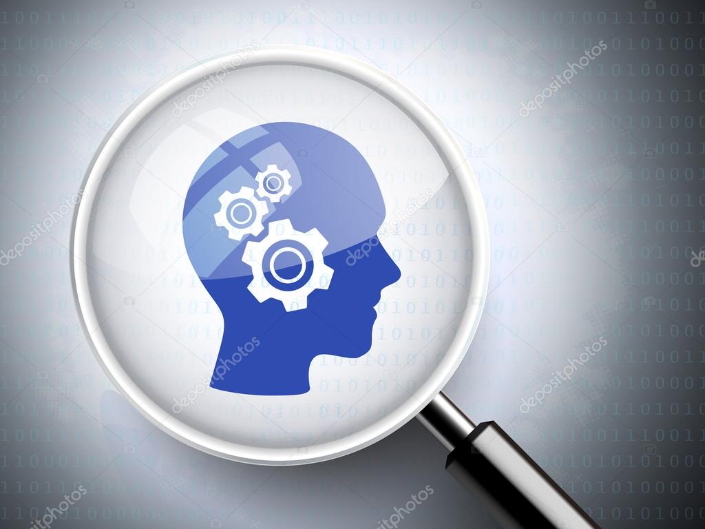 magnifying glass with gears on head icons 