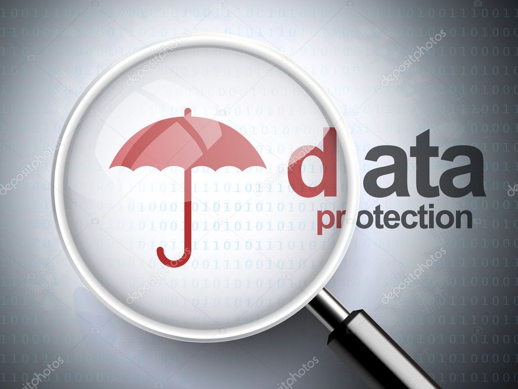 magnifying glass with umbrella icon and data protection word 