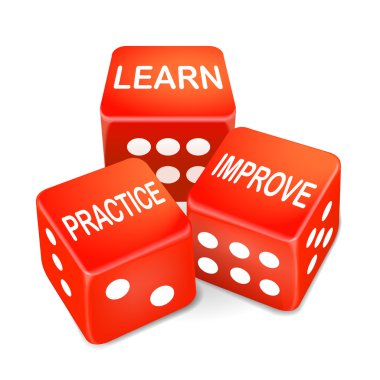 learn, practice and improve words on three red dice clipart
