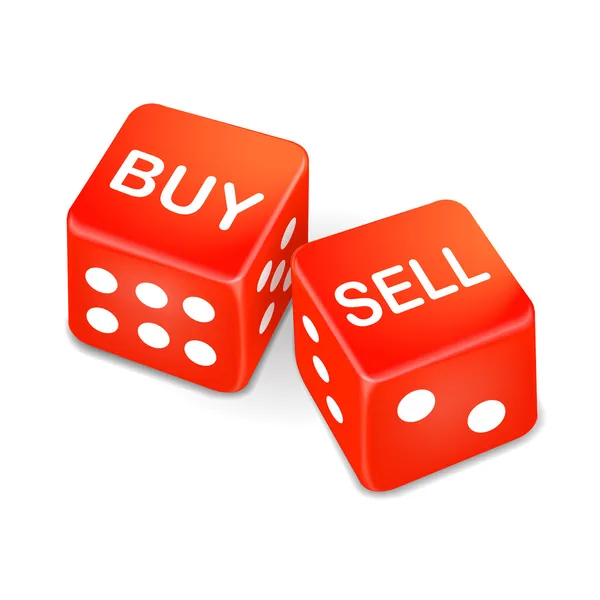 Comprar e vender palavras em dois dados vermelhos — Vetor de Stock