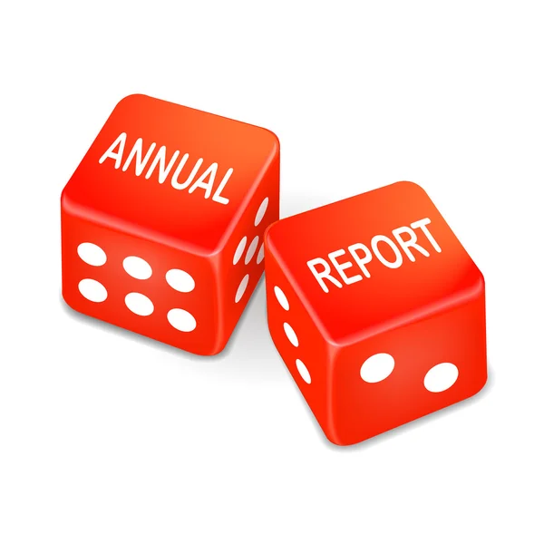 上两个红色骰子的年度报告词。 — 图库矢量图片