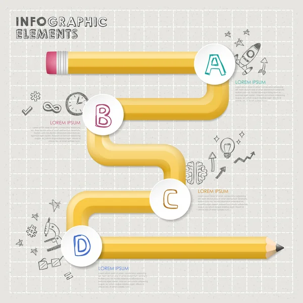 Plantilla creativa infografía con amarillo curvado lápiz flujo cha — Vector de stock