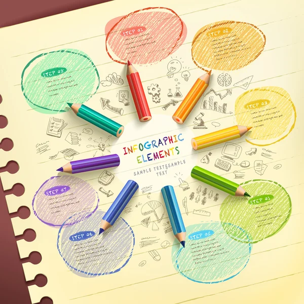 Infographie de modèle créatif avec flux de dessin crayons colorés — Image vectorielle