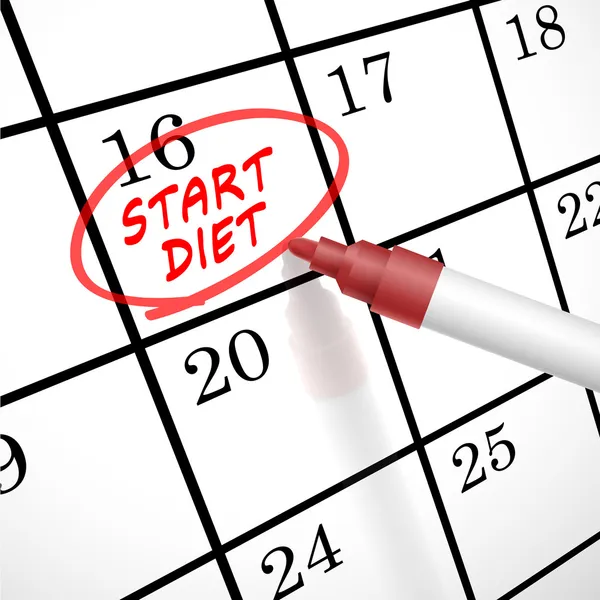 Jalankan lingkaran kata diet yang ditandai pada kalender - Stok Vektor