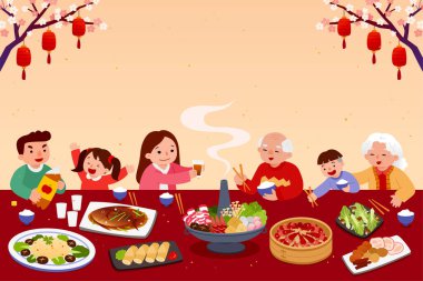 Asyalı aile grubu, sarı arka planda uzun bir masada yeniden bir araya gelme yemeği yiyor.
