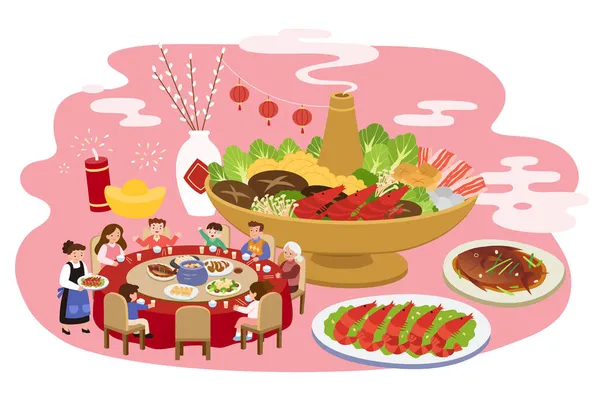 Cny同窓会ディナー要素 アジアの家族グループは レストランで丸いテーブルの上で再会ディナーを持っており いくつかの特別な料理が側面に紹介されています — ストックベクタ