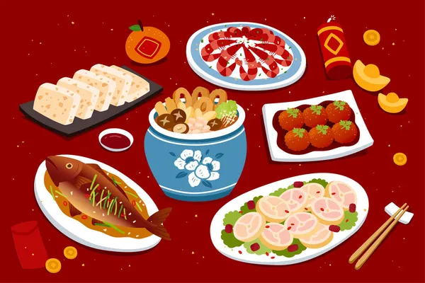Večeře Sraz Čínský Lunární Nový Rok Hostina Různými Pokrmy Masa — Stockový vektor
