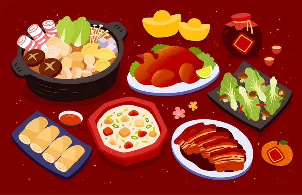 Reunion Dinner Chinese Lunar New Year Feast Variety Dishes Meat — Stock Vector