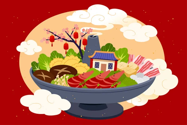 Sebuah Hotpot Besar Dengan Keragaman Bahan Segar Masakan Asia Cocok - Stok Vektor