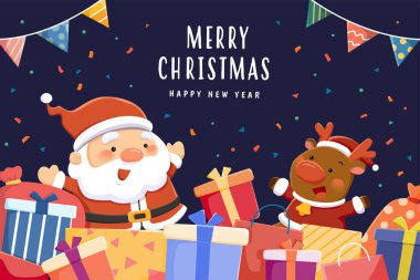 Xmas ve yeni yıl tebrik kartı. Noel Baba 'nın düz çizimi ve koyu mavi arka planda bir yığın hediye kutusu olan ren geyiği.