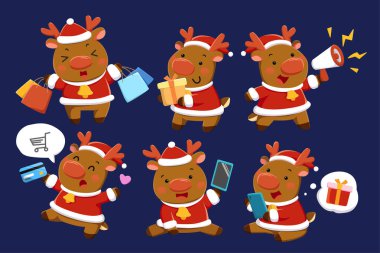 Xmas ren geyiği çevrimiçi alışveriş seti. Koyu mavi arka planda izole edilmiş farklı online alışveriş faaliyetleri yapan Noel geyiklerinin düz çizimi