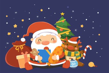 Noel Baba 'nın hediyeleri. Noel Baba 'nın elinde zencefilli kurabiye adam, hediyeler ve benekli şeker tutarken Noel sürprizleri aldığını gösteren düz bir resim.