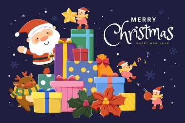Noel tebrik kartı tasarımı. Noel Baba, hediyeler yığınından Ren geyikleri ve Noel elfleri ile birlikte koyu mavi arka planda onu selamlıyor.