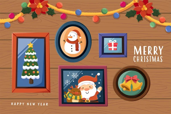 圣诞节和新年挂画 圣诞快乐主题照片的平面插图挂在木墙的背景上 — 图库矢量图片