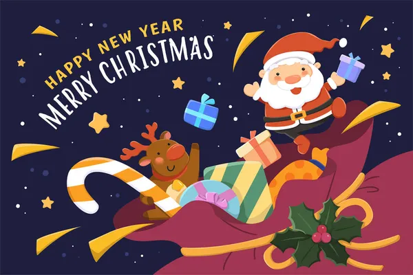 Weihnachts Und Neujahrsgrußkarte Flache Illustration Von Weihnachtsmann Und Rentier Die — Stockvektor