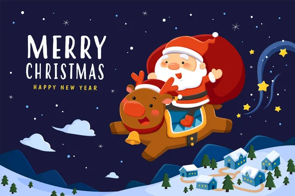 Hermosa Tarjeta Felicitación Navidad Ilustración Plana Santa Claus Con Gran — Vector de stock