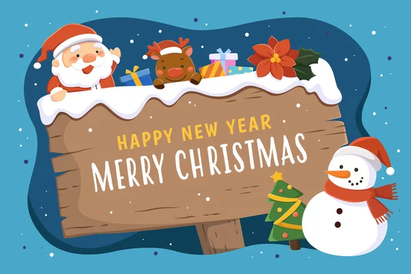 圣诞和新年贺卡 用圣诞物品 圣诞老人和其他蓝色背景人物装饰的雪覆盖的标牌的平面插图 — 图库矢量图片